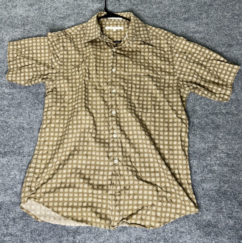 Perry Ellis Shirt Mens Medium Brown Polka Dot Short Sleeve Button Up Casual